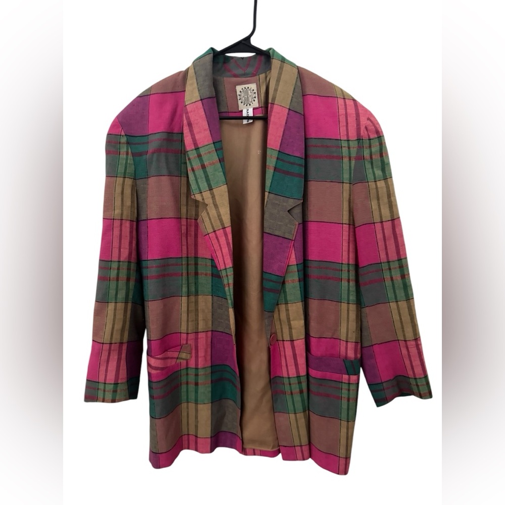 Cute Pink Vintage Women's Blazer Jacket By Exterior  Size M Plaid 60% Rayon